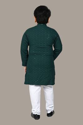 Boys chikankari sequins viscose rayon kurta pajama set for boys - dark green 2
