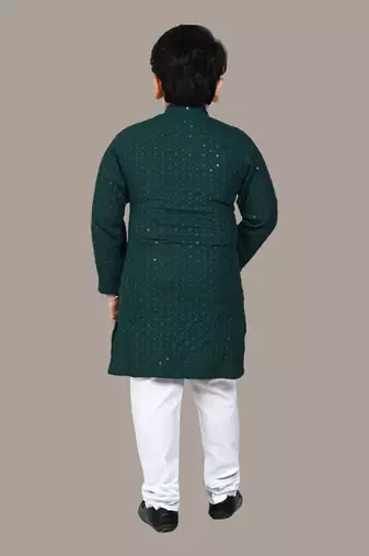 Boys chikankari sequins viscose rayon kurta pajama set for boys - dark green