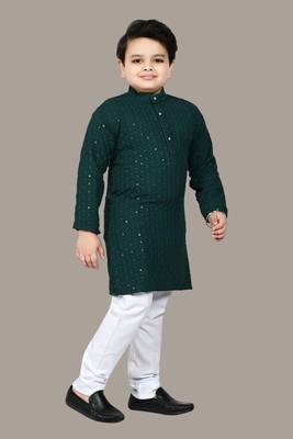 Boys chikankari sequins viscose rayon kurta pajama set for boys - dark green 3