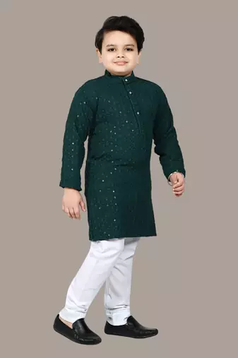Boys chikankari sequins viscose rayon kurta pajama set for boys - dark green