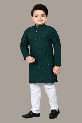 Boys chikankari sequins viscose rayon kurta pajama set for boys - dark green 4