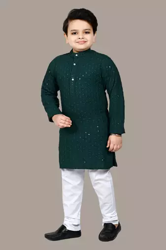 Boys chikankari sequins viscose rayon kurta pajama set for boys - dark green