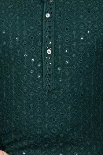 Boys chikankari sequins viscose rayon kurta pajama set for boys - dark green