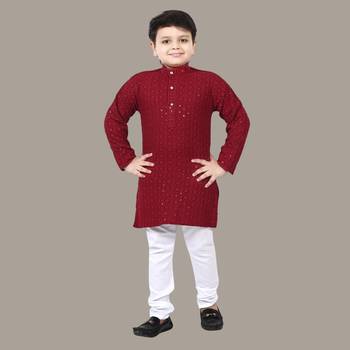 Boys chikankari sequins viscose rayon kurta pajama set for boys - maroon 1