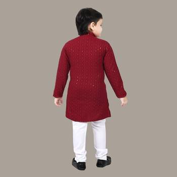Boys chikankari sequins viscose rayon kurta pajama set for boys - maroon 2
