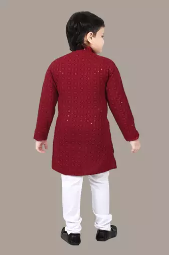 Boys chikankari sequins viscose rayon kurta pajama set for boys - maroon