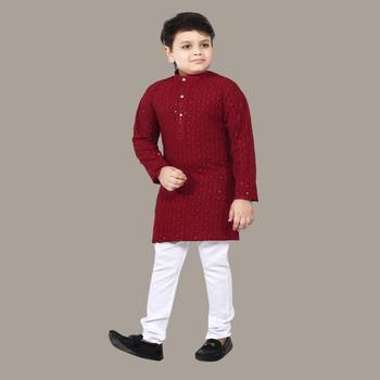 Boys chikankari sequins viscose rayon kurta pajama set for boys - maroon 3