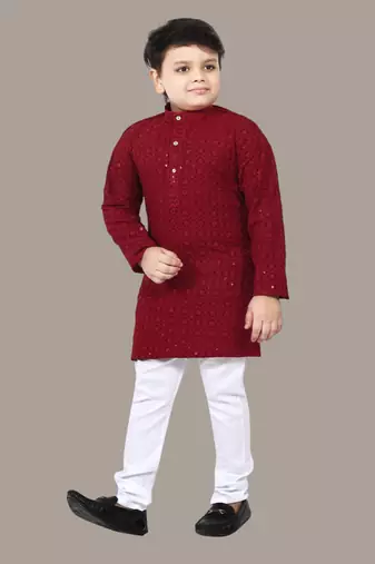 Boys chikankari sequins viscose rayon kurta pajama set for boys - maroon