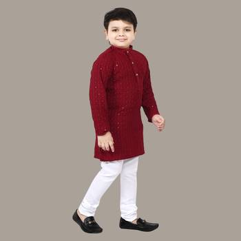 Boys chikankari sequins viscose rayon kurta pajama set for boys - maroon 4