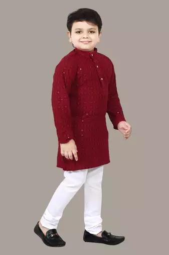 Boys chikankari sequins viscose rayon kurta pajama set for boys - maroon