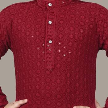 Boys chikankari sequins viscose rayon kurta pajama set for boys - maroon 5