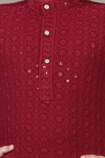 Boys chikankari sequins viscose rayon kurta pajama set for boys - maroon