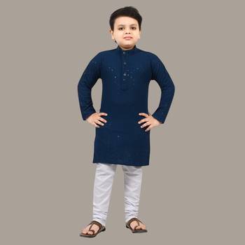 Boys chikankari sequins viscose rayon kurta pajama set for boys - metallic blue 1