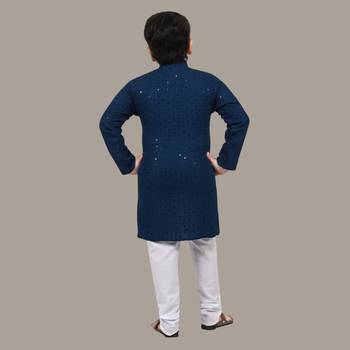 Boys chikankari sequins viscose rayon kurta pajama set for boys - metallic blue 2