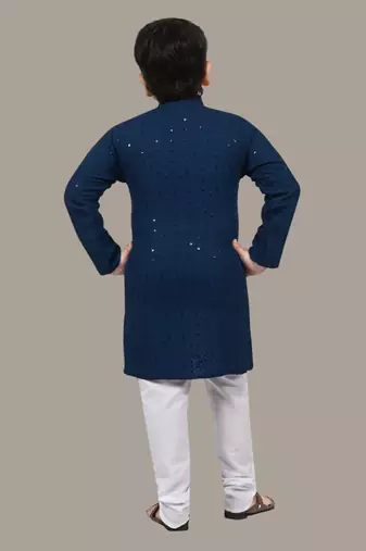 Boys chikankari sequins viscose rayon kurta pajama set for boys - metallic blue