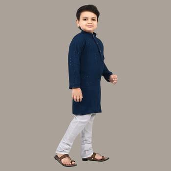 Boys chikankari sequins viscose rayon kurta pajama set for boys - metallic blue 3
