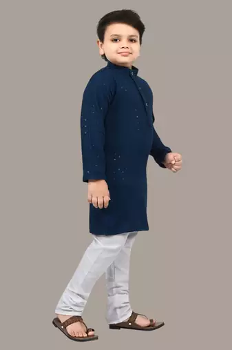 Boys chikankari sequins viscose rayon kurta pajama set for boys - metallic blue