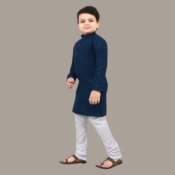 Boys chikankari sequins viscose rayon kurta pajama set for boys - metallic blue 4
