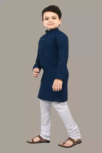 Boys chikankari sequins viscose rayon kurta pajama set for boys - metallic blue