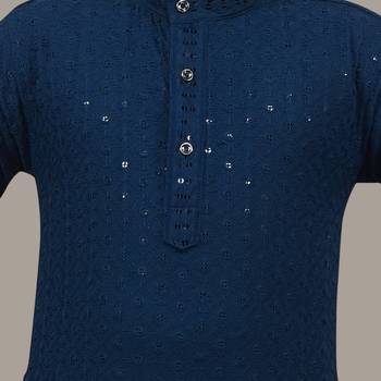 Boys chikankari sequins viscose rayon kurta pajama set for boys - metallic blue 5