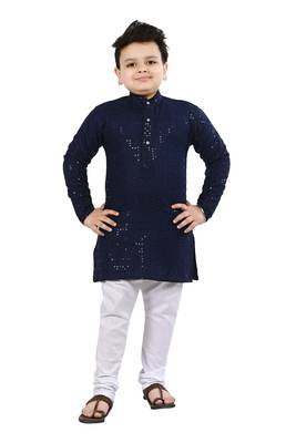 Boys chikankari sequins viscose rayon kurta pajama set for boys - navy blue 1
