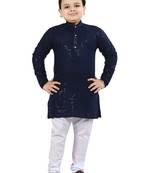 Boys chikankari sequins viscose rayon kurta pajama set for boys - navy blue