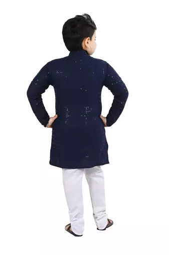 Boys chikankari sequins viscose rayon kurta pajama set for boys - navy blue