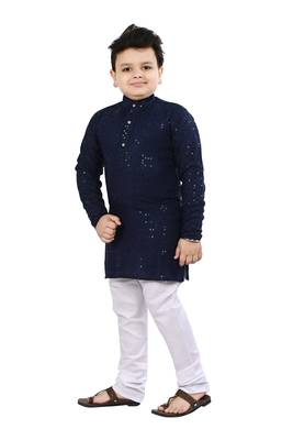 Boys chikankari sequins viscose rayon kurta pajama set for boys - navy blue 3