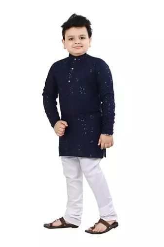Boys chikankari sequins viscose rayon kurta pajama set for boys - navy blue