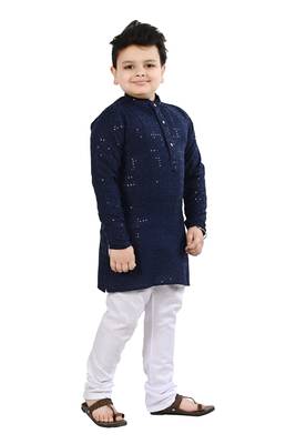 Boys chikankari sequins viscose rayon kurta pajama set for boys - navy blue 4