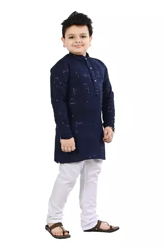 Boys chikankari sequins viscose rayon kurta pajama set for boys - navy blue