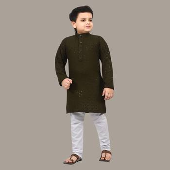 Boys chikankari sequins viscose rayon kurta pajama set for boys - mehndi green 1