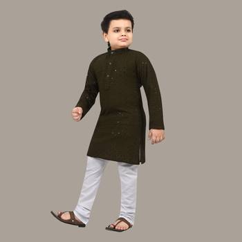 Boys chikankari sequins viscose rayon kurta pajama set for boys - mehndi green 3