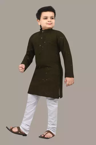 Boys chikankari sequins viscose rayon kurta pajama set for boys - mehndi green