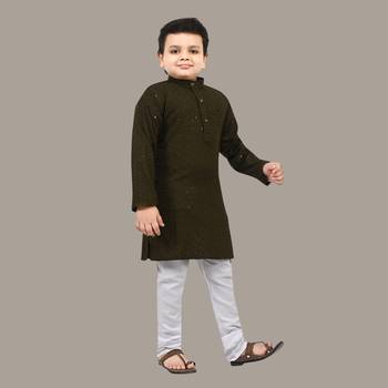 Boys chikankari sequins viscose rayon kurta pajama set for boys - mehndi green 4