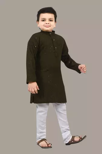 Boys chikankari sequins viscose rayon kurta pajama set for boys - mehndi green