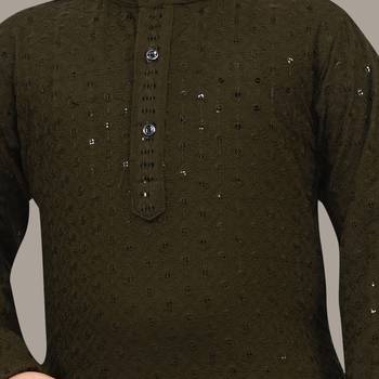 Boys chikankari sequins viscose rayon kurta pajama set for boys - mehndi green 5