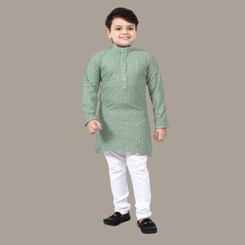 Boys chikankari sequins viscose rayon kurta pajama set for boys - pista green 1