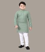 Boys chikankari sequins viscose rayon kurta pajama set for boys - pista green