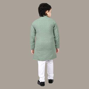 Boys chikankari sequins viscose rayon kurta pajama set for boys - pista green 2