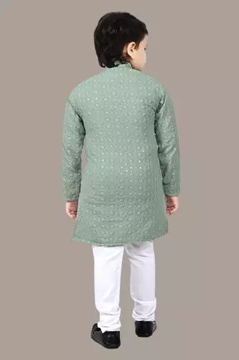 Boys chikankari sequins viscose rayon kurta pajama set for boys - pista green