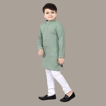 Boys chikankari sequins viscose rayon kurta pajama set for boys - pista green 3