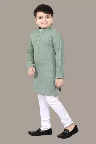 Boys chikankari sequins viscose rayon kurta pajama set for boys - pista green