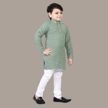 Boys chikankari sequins viscose rayon kurta pajama set for boys - pista green 4