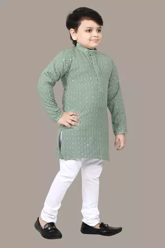Boys chikankari sequins viscose rayon kurta pajama set for boys - pista green