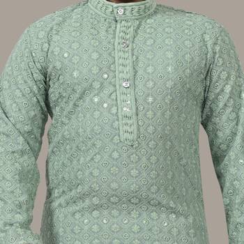 Boys chikankari sequins viscose rayon kurta pajama set for boys - pista green 5