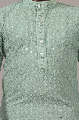 Boys chikankari sequins viscose rayon kurta pajama set for boys - pista green
