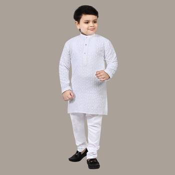 Boys chikankari sequins viscose rayon kurta pajama set for boys - white 1