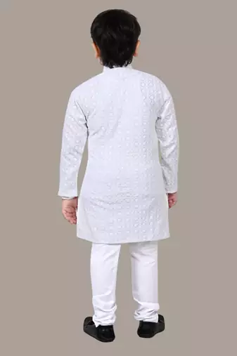 Boys chikankari sequins viscose rayon kurta pajama set for boys - white