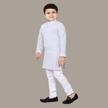 Boys chikankari sequins viscose rayon kurta pajama set for boys - white 3
